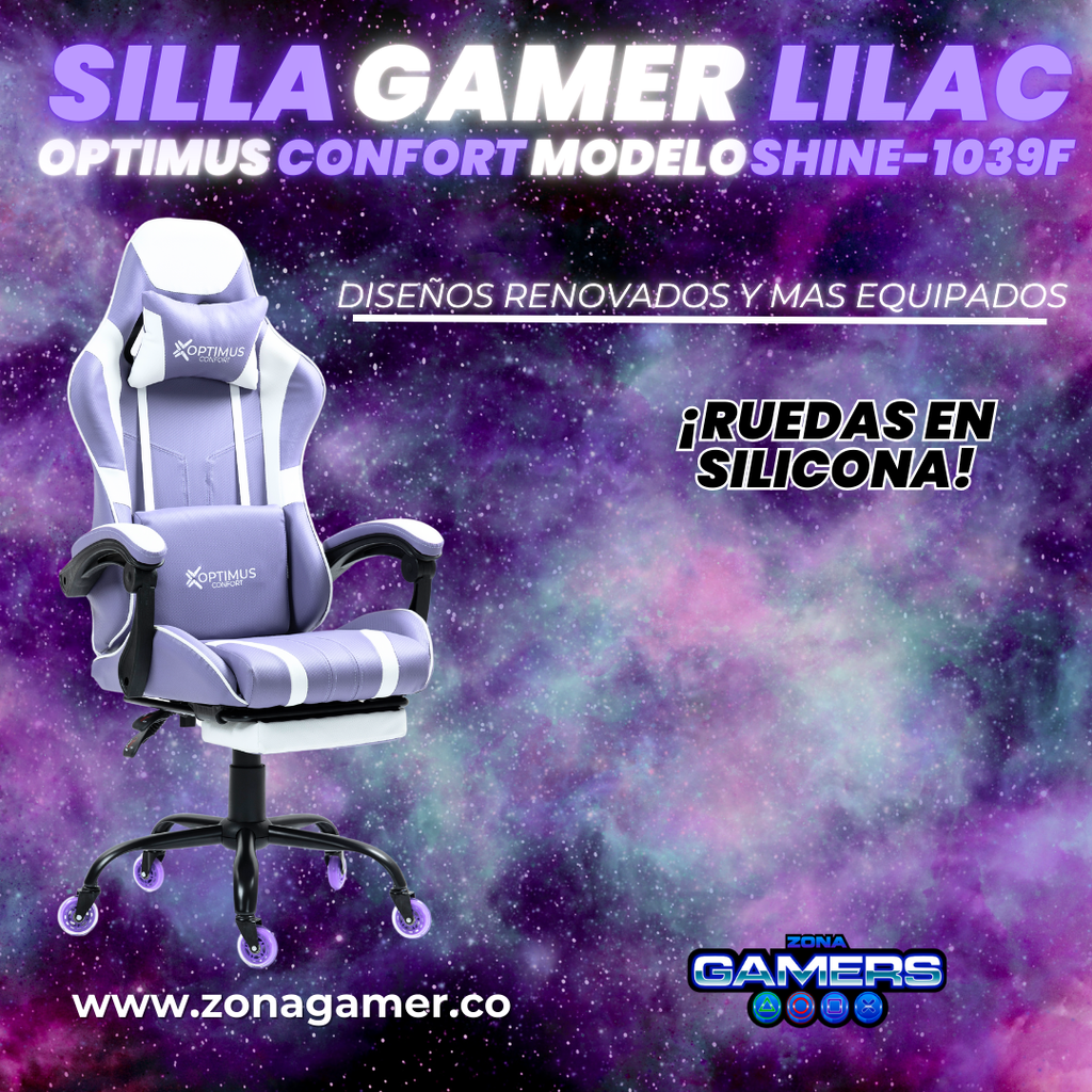 Silla Gamer Shine-1039F Lilac con reposapiés y ruedas en silicona