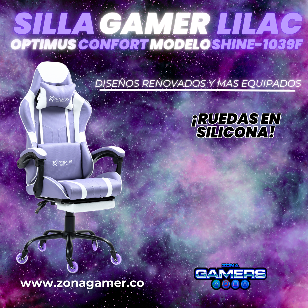 Silla Gamer Shine-1039F Lilac con reposapiés y ruedas en silicona