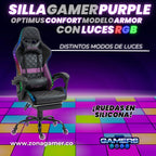 Silla gamer Armor Purple con luces RGB + reposapiés y ruedas en silicona