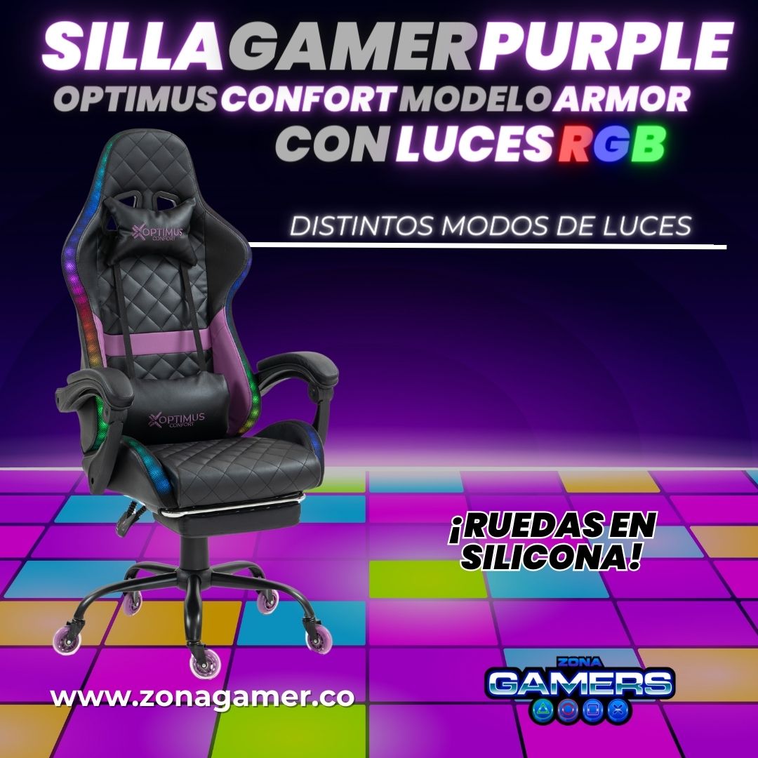 Silla gamer Armor Purple con luces RGB + reposapiés y ruedas en silicona