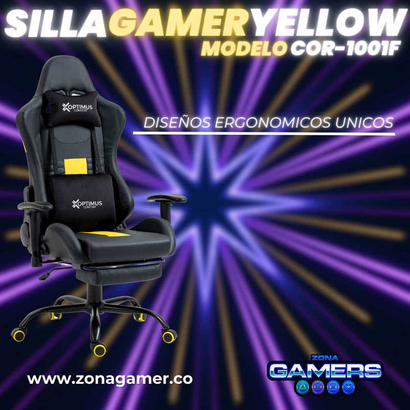 Silla Gamer COR-1001F Yellow con reposapiés