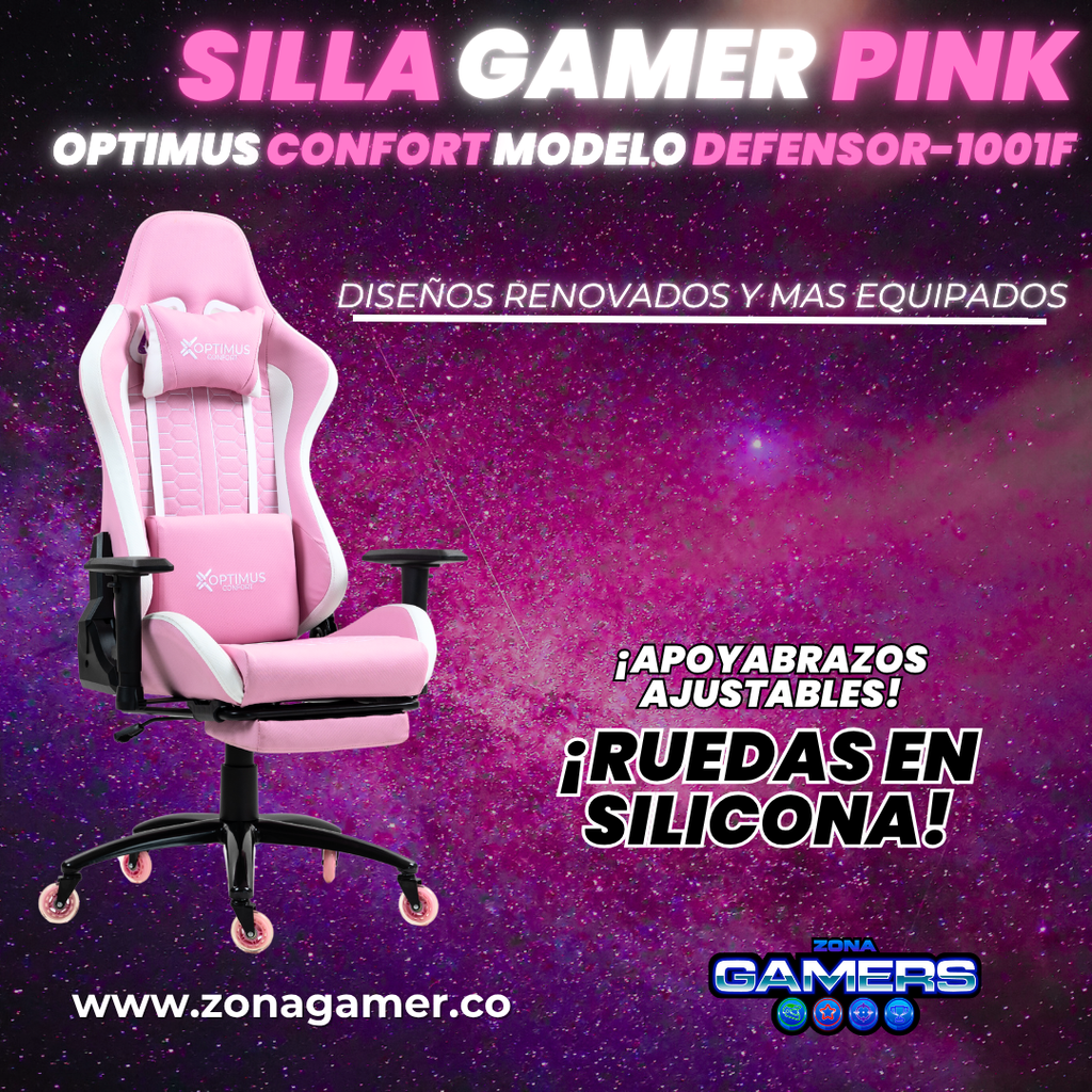 Silla Gamer Defensor-1001F Pink con reposapiés y ruedas en silicona