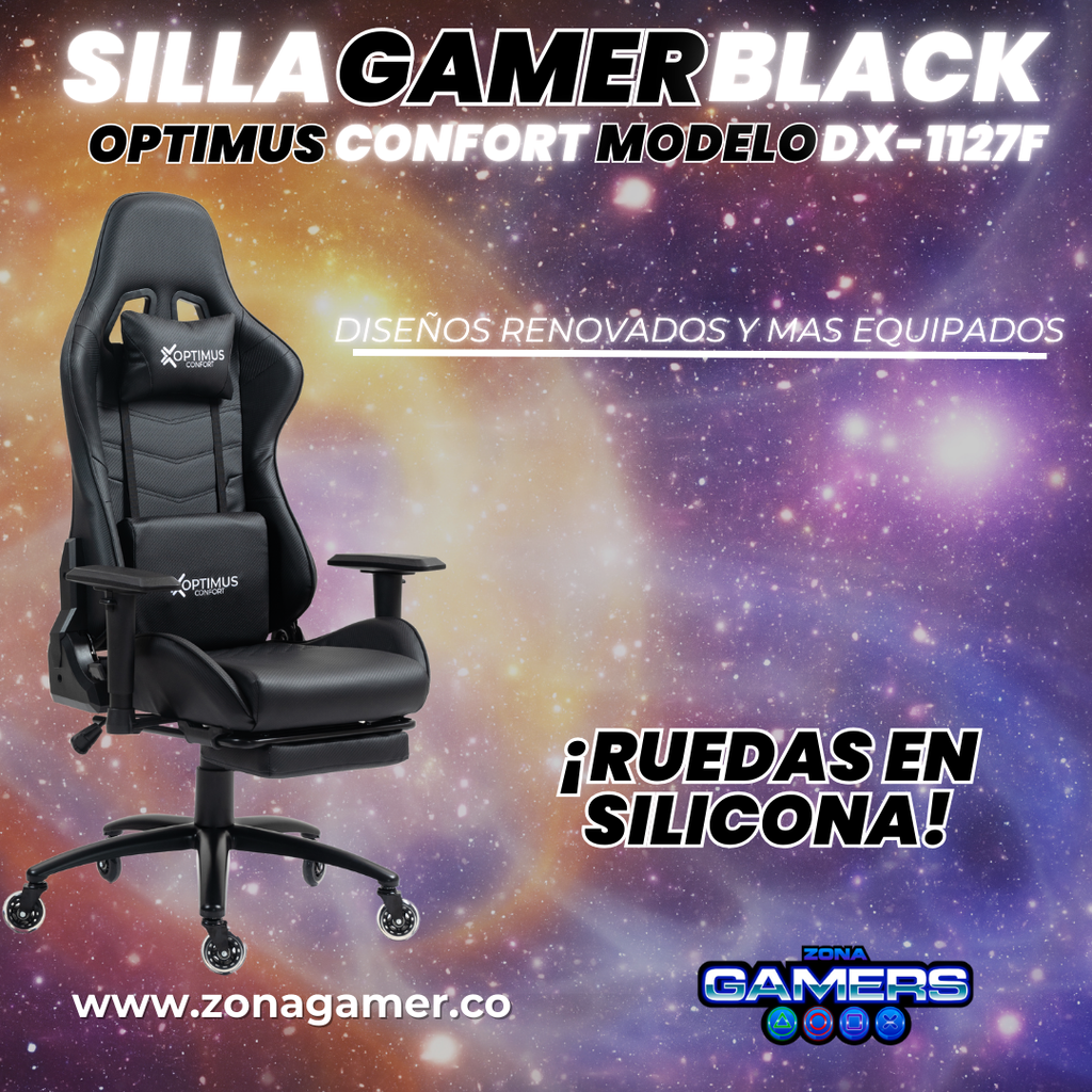 Silla Gamer DX-1127F Black con reposapiés y ruedas en silicona