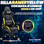 Silla Gamer CIR-1001F Yellow + masajeador lumbar con reposapiés y ruedas en silicona