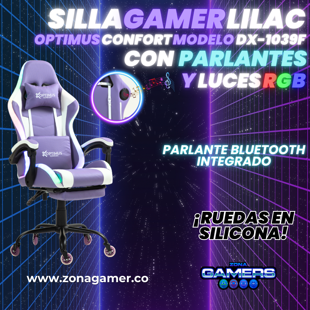 Silla gamer DX-1039F Lilac con luces RGB + Parlantes + reposapiés y ruedas en silicona