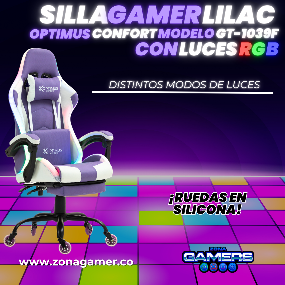Silla gamer GT-1039F Lilac con luces RGB + reposapiés y ruedas en silicona