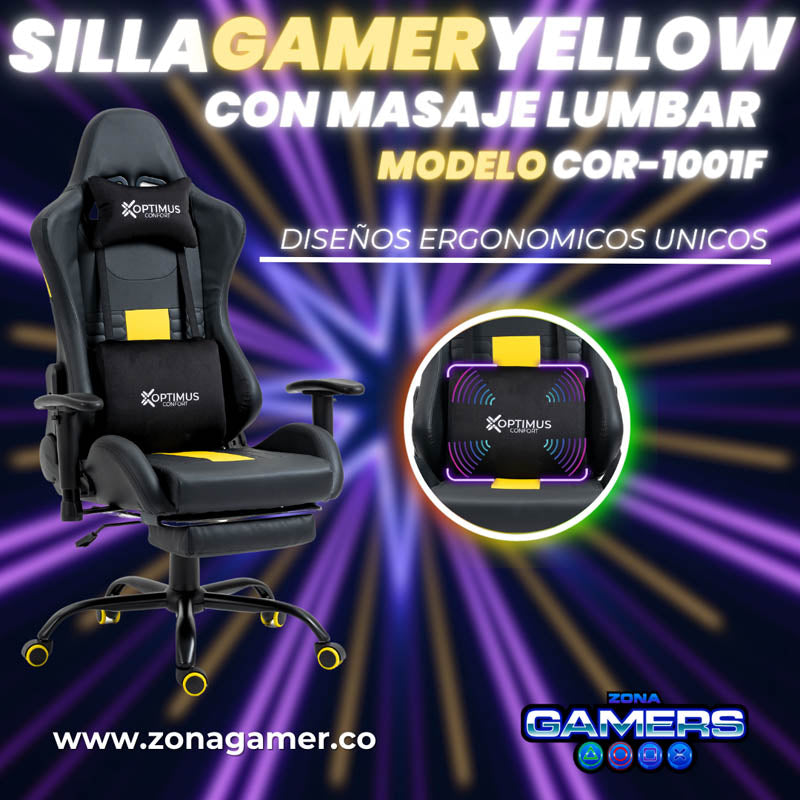 Silla Gamer COR-1001F Yellow con masajeador lumbar y reposapiés incluido