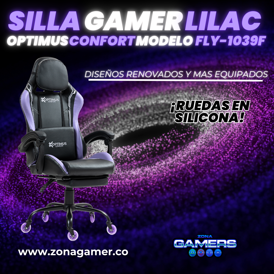 Silla Gamer Fly-1039F Lilac con reposapiés y ruedas en silicona