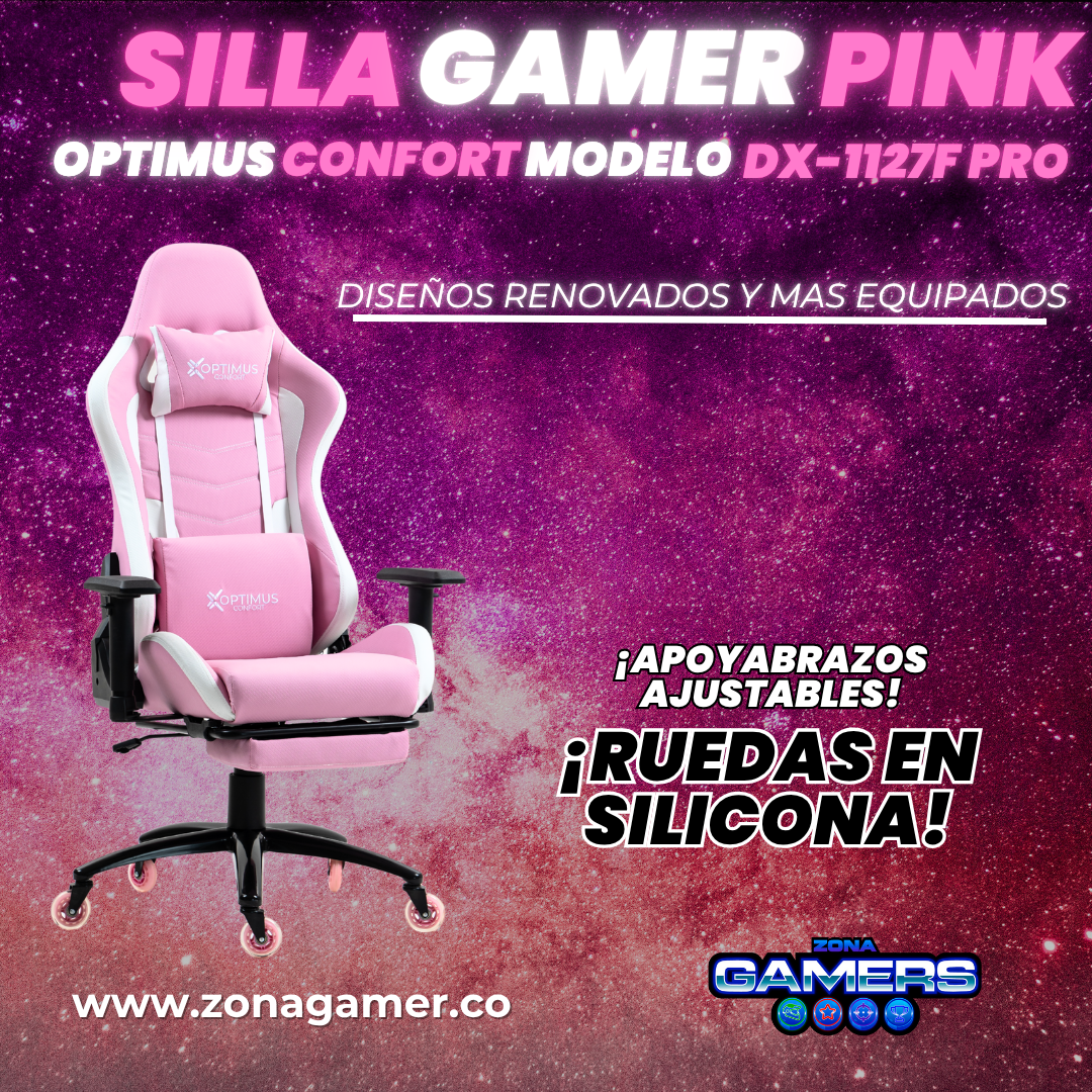 Silla Gamer DX-1127F PRO Pink con reposapiés y ruedas en silicona