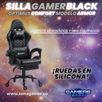Silla Gamer ARMOR-1127F Black con reposapiés y ruedas en silicona