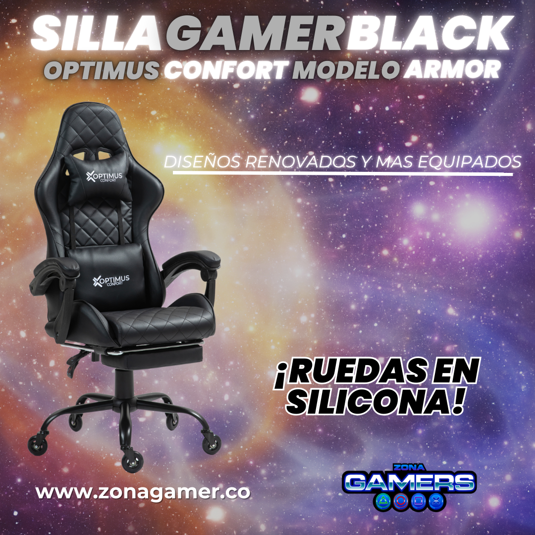 Silla Gamer ARMOR-1127F Black con reposapiés y ruedas en silicona
