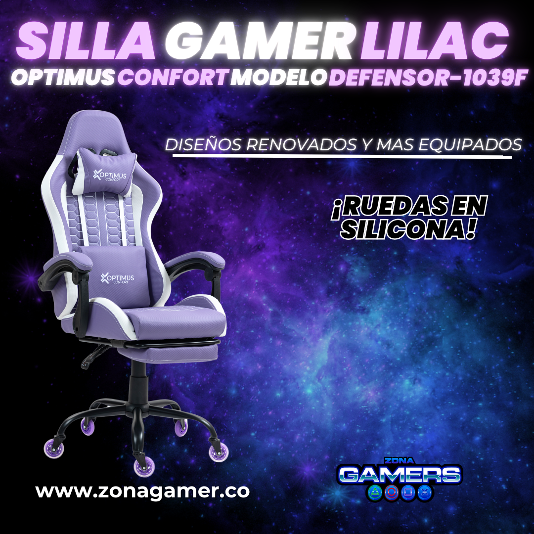 Silla Gamer Defensor-1039F Lilac con reposapiés y ruedas en silicona