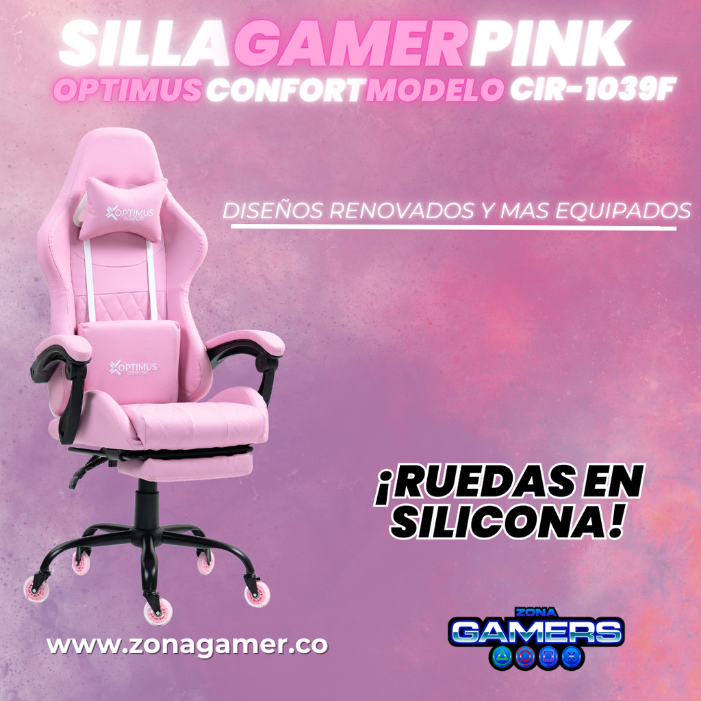 Silla Gamer CIR-1039F Pink con reposapiés y ruedas en silicona