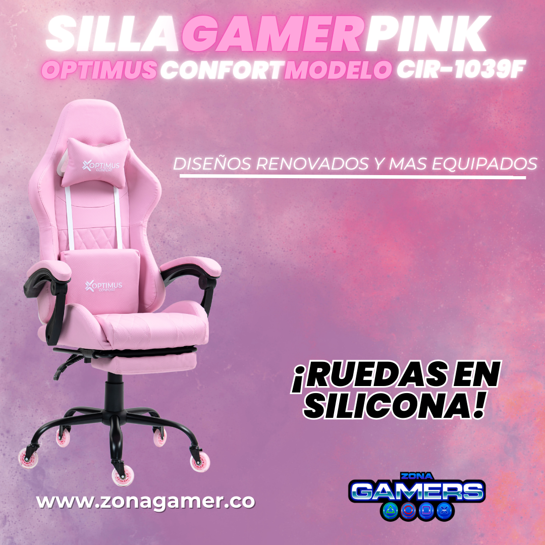 Silla Gamer CIR-1039F Pink con reposapiés y ruedas en silicona