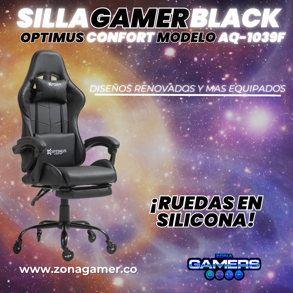 Silla Gamer AQ-1039F Black con reposapiés y ruedas en silicona