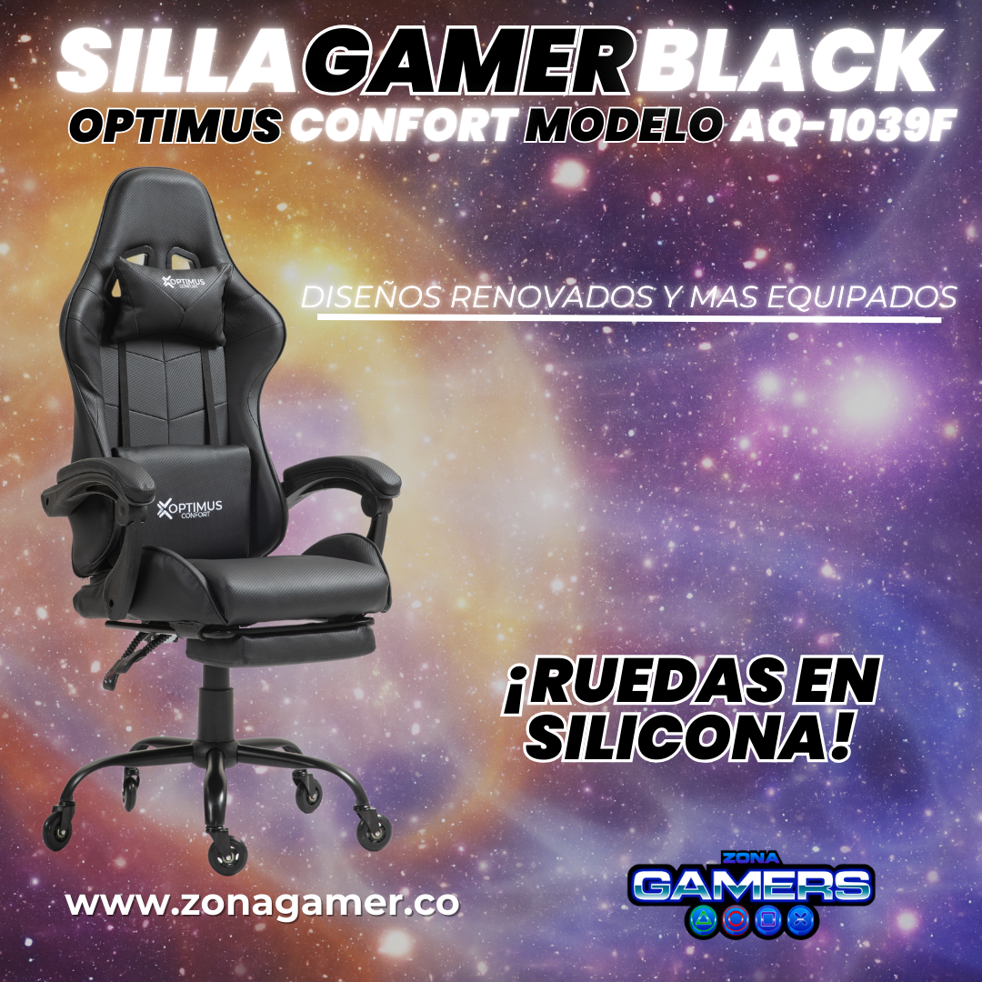 Silla Gamer AQ-1039F Black con reposapiés y ruedas en silicona