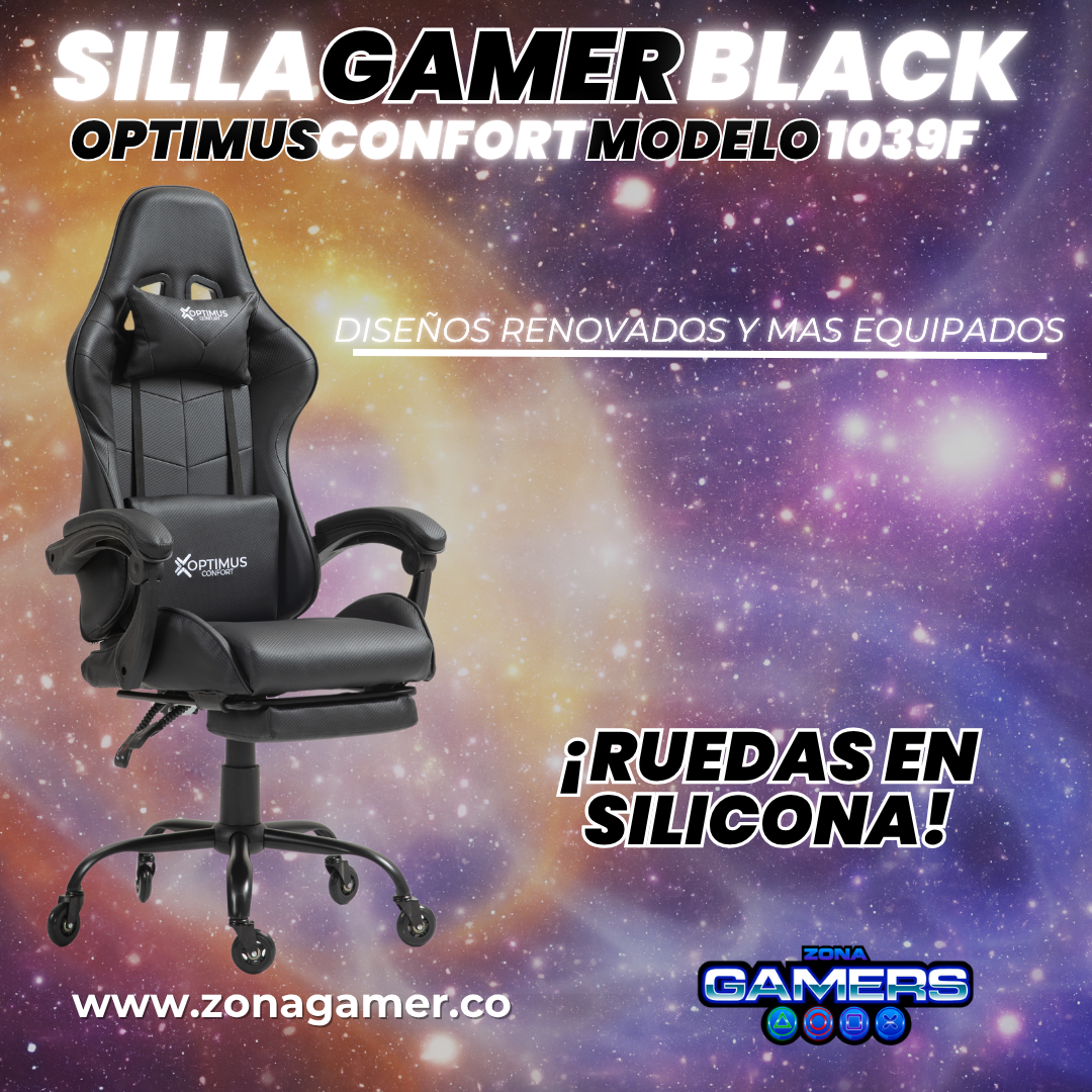 Silla Gamer 1039F Black con reposapiés y ruedas en silicona