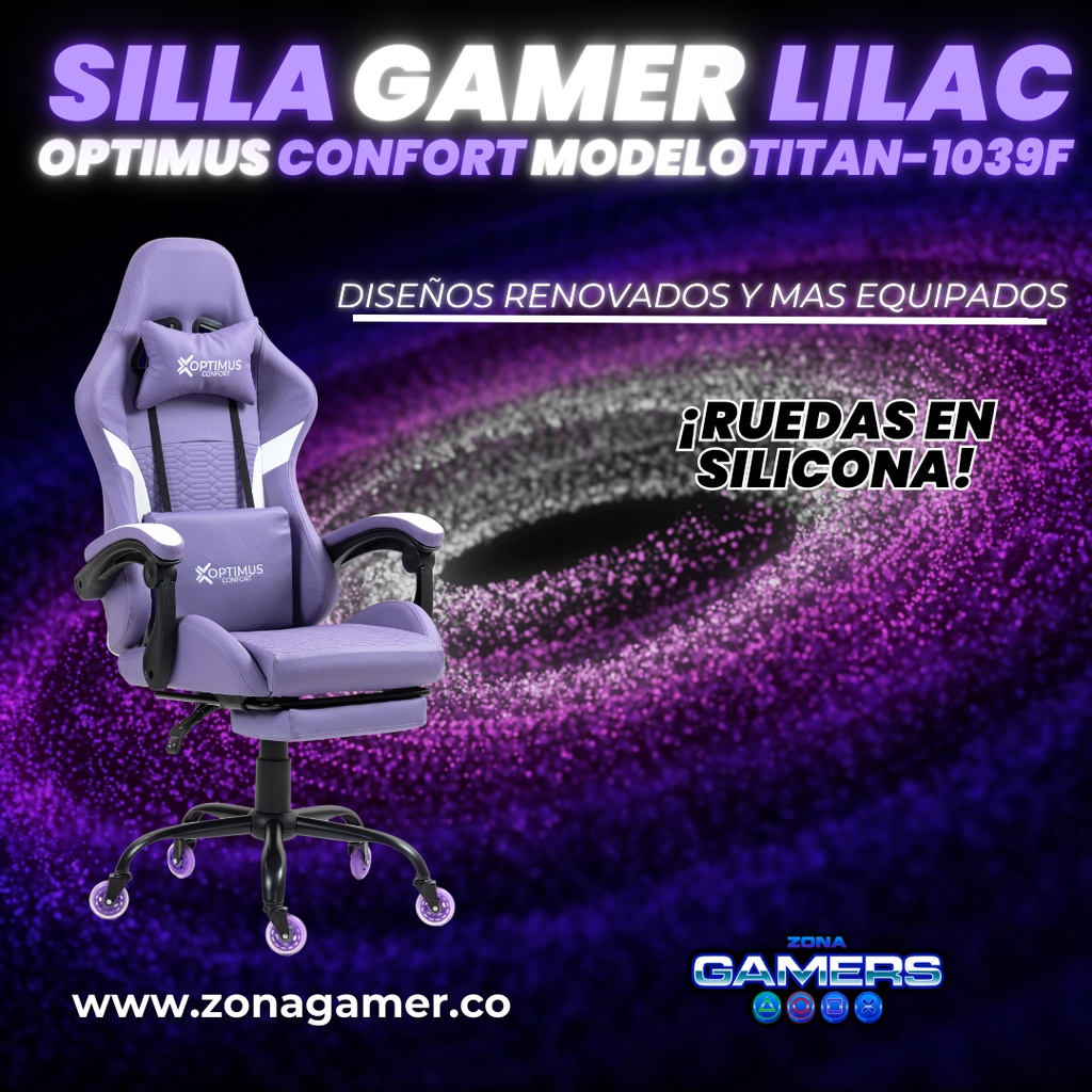Silla Gamer Titan-1039F Lilac con reposapiés y ruedas en silicona