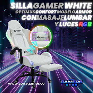 Silla Gamer Optimus Confort Armor RGB White con masajeador lumbar y reposapiés incluido