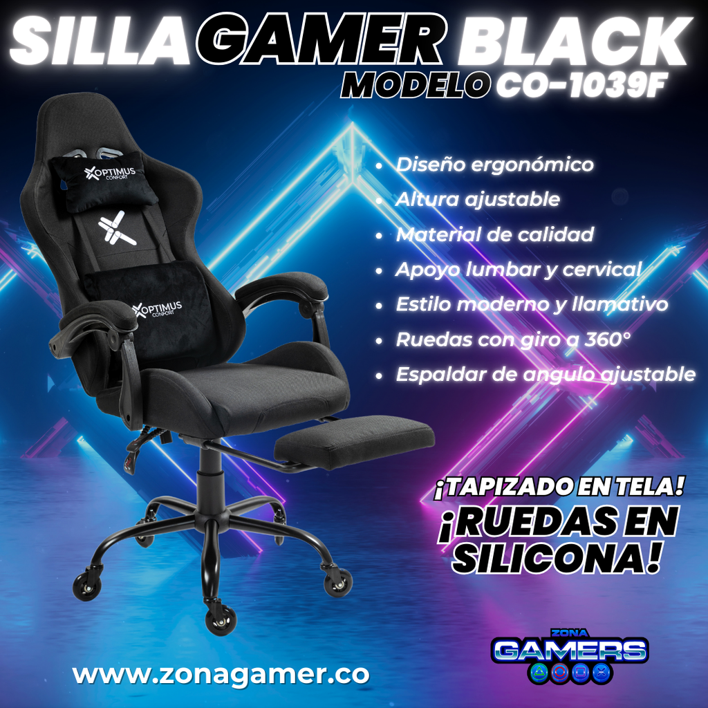 Silla Gamer CO-1039F Negra, con tapizado en tela, reposapiés y ruedas en silicona