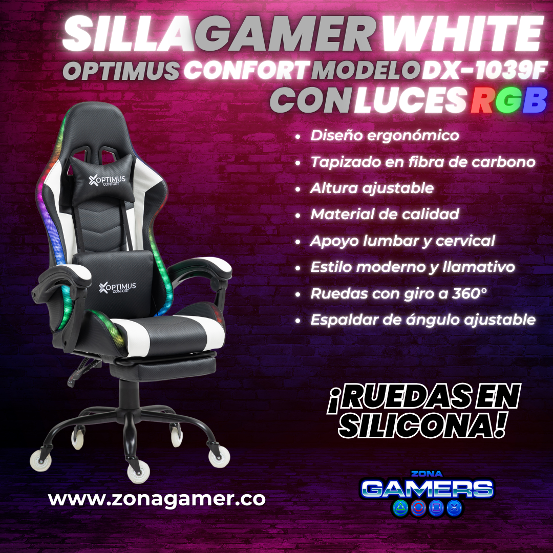 Silla gamer DX-1039F White con luces RGB + reposapiés y ruedas en silicona