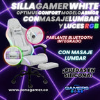 Silla Gamer Optimus Confort Armor RGB White con masajeador lumbar y parlante bluetooth