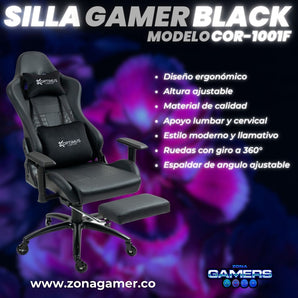 Silla Gamer COR-1001F Black con reposapiés + Ruedas en Silicona