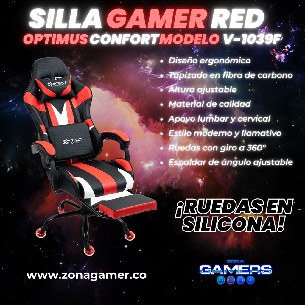 Silla Gamer V-1039F Red con reposapiés y ruedas en silicona