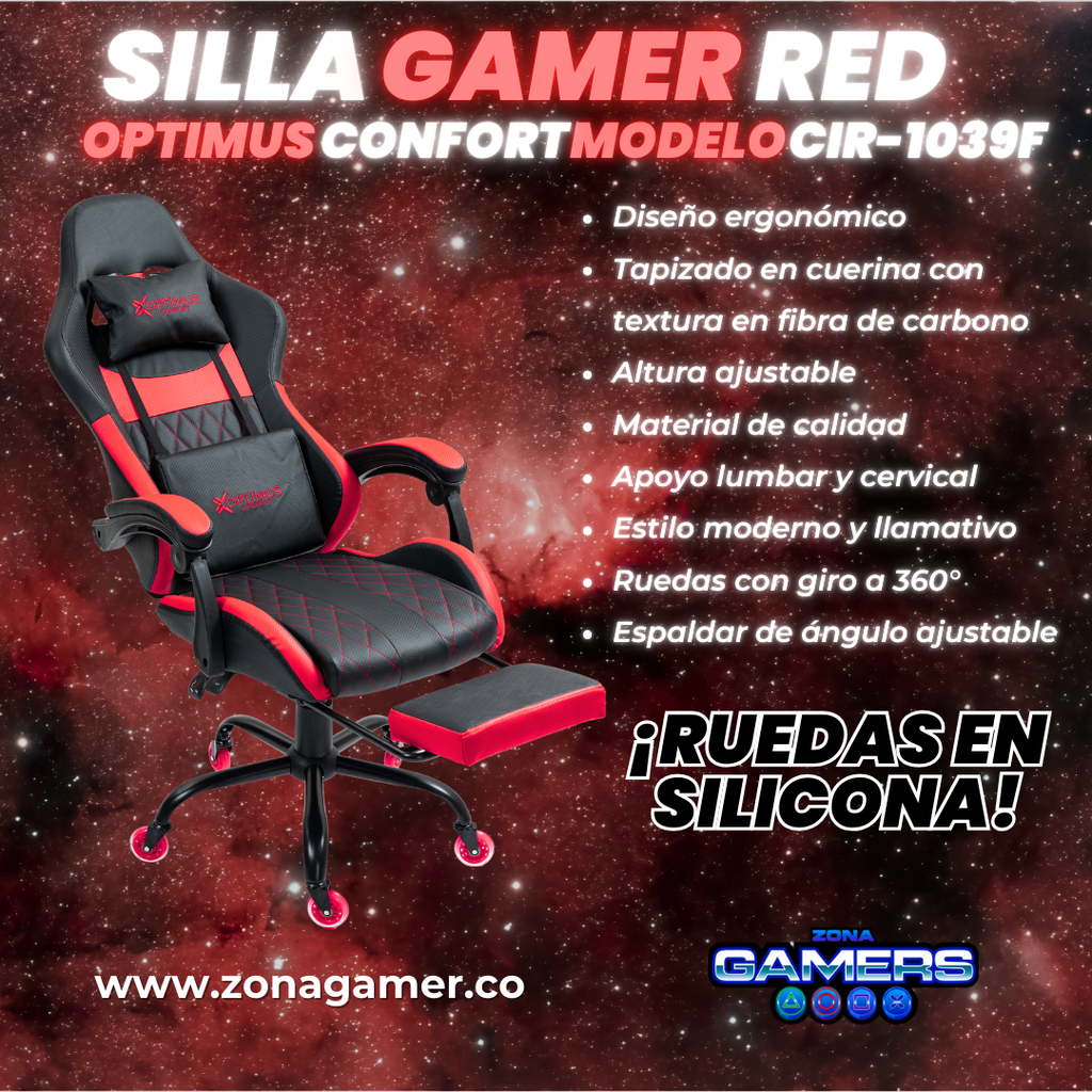 Silla Gamer CIR-1039F Red con reposapiés y ruedas en silicona