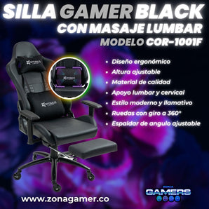Silla Gamer COR-1001F Black con masajeador lumbar y reposapiés incluido