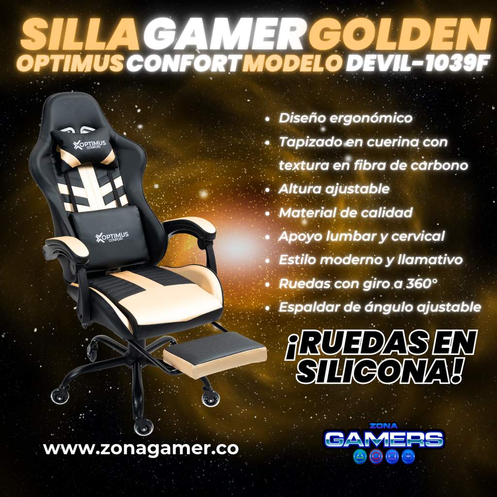 Silla Gamer Devil-1039F Golden con reposapiés y ruedas en silicona