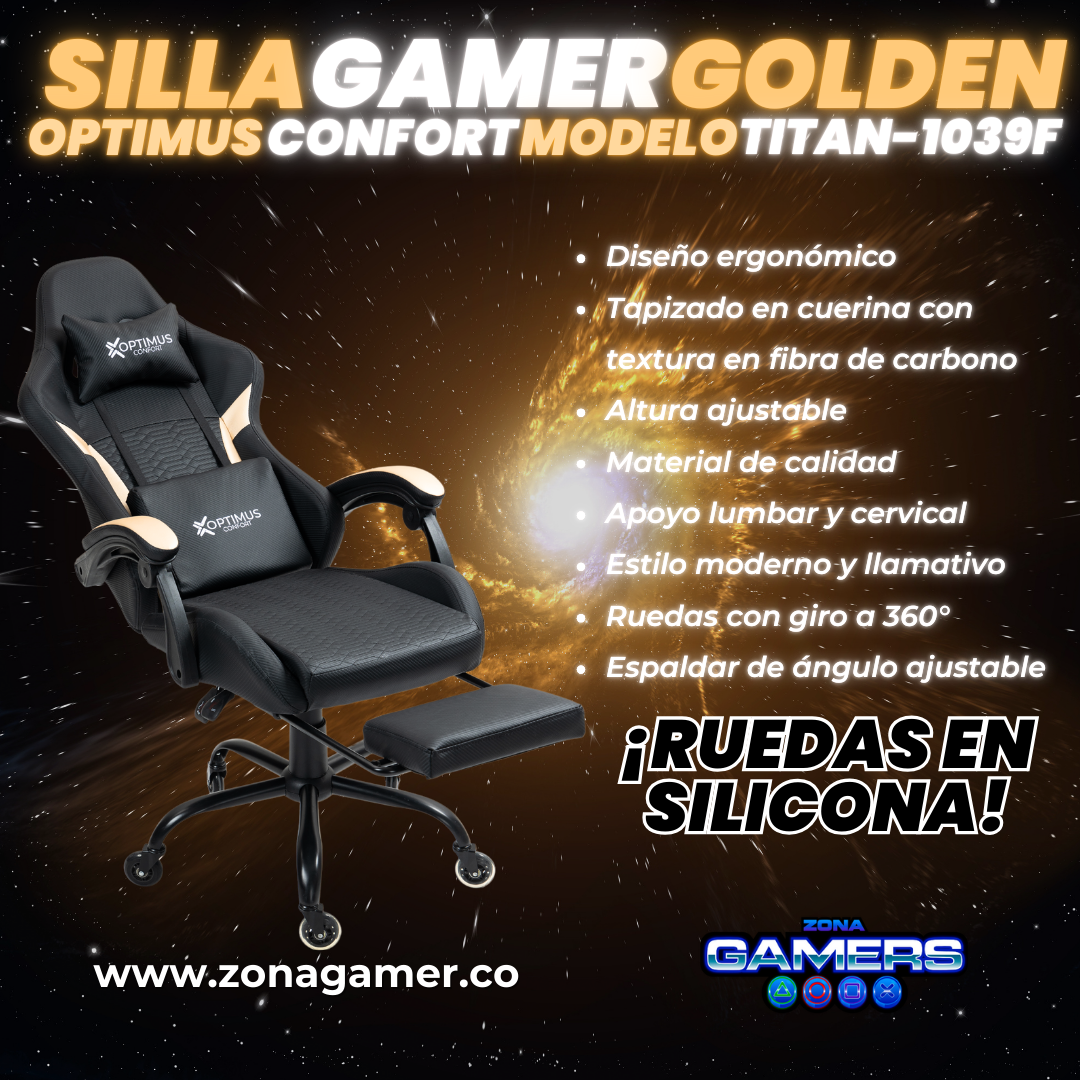 Silla Gamer Titan-1039F Golden con reposapiés y ruedas en silicona