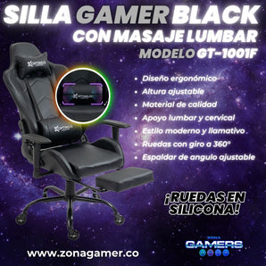 Silla Gamer GT-1001F Black + masajeador lumbar con reposapiés incluido y ruedas en silicona