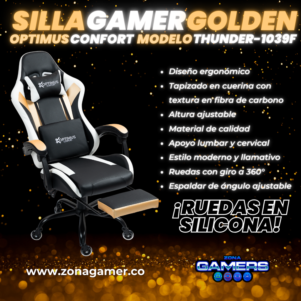 Silla Gamer Thunder-1039F Golden con reposapiés y ruedas en silicona