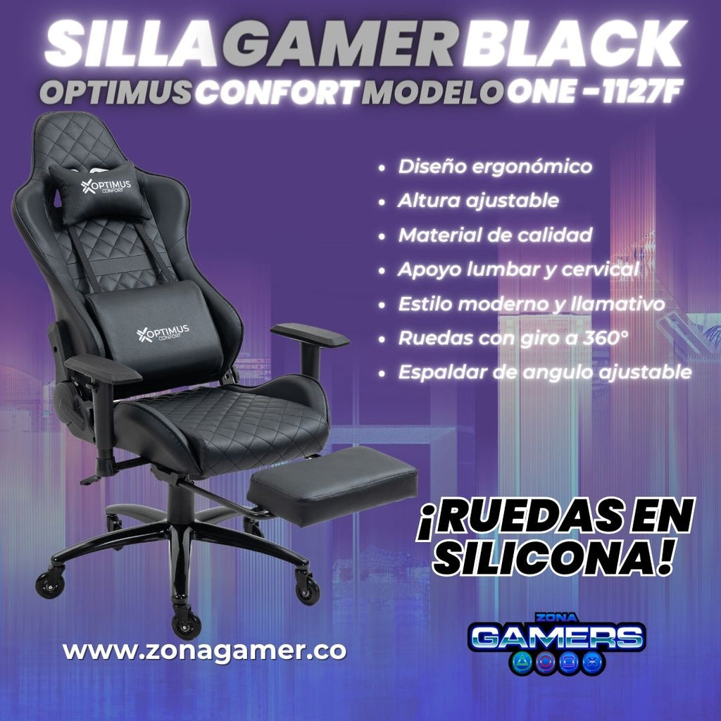 Silla gamer ONE -1127F Black + reposapiés y ruedas en silicona
