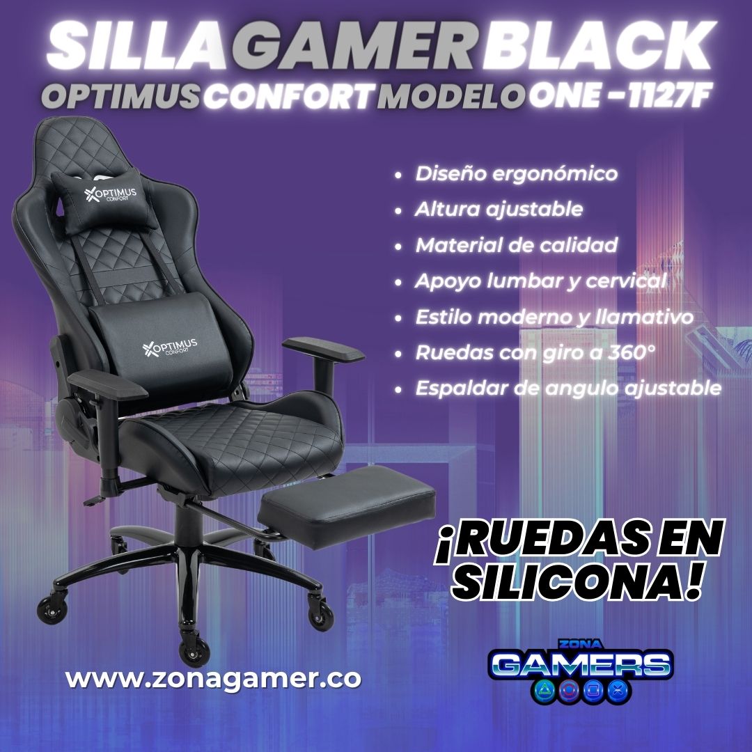 Silla gamer ONE -1127F Black + reposapiés y ruedas en silicona