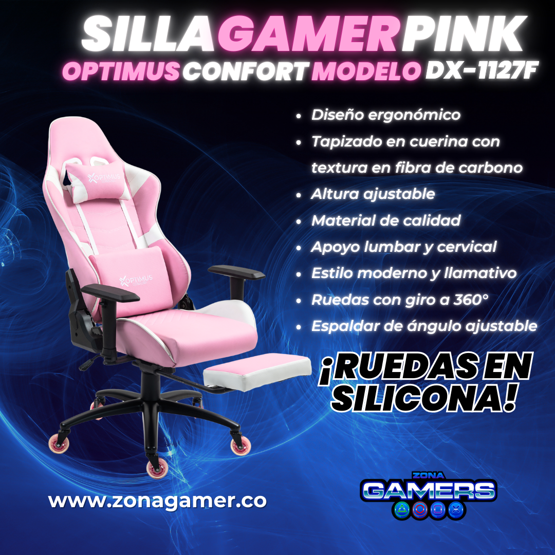 Silla Gamer DX-1127F Pink con reposapiés y ruedas en silicona