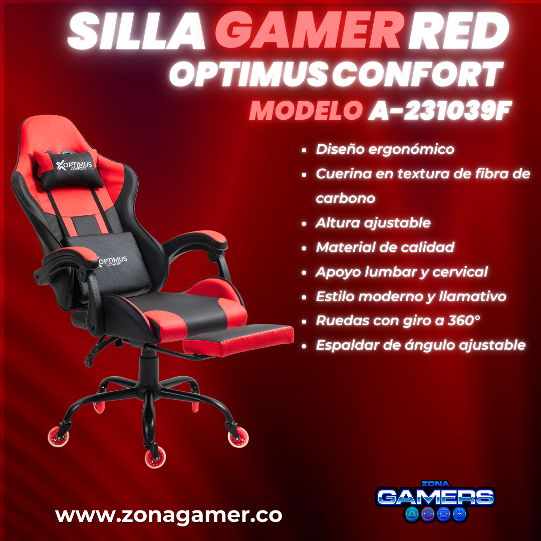 Silla Gamer A231039F Red con reposapiés y ruedas en silicona