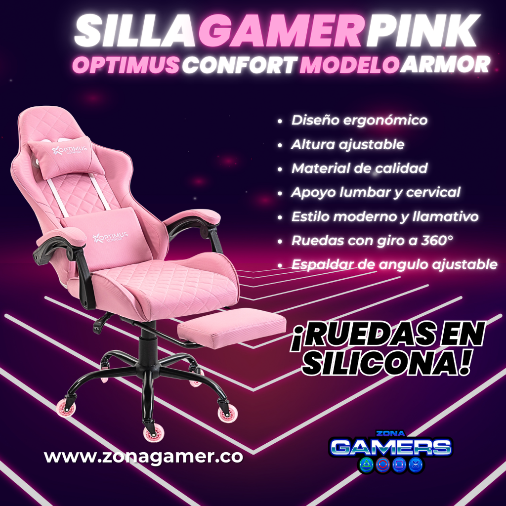 Silla Gamer ARMOR-1039F Pink con reposapiés y ruedas en silicona