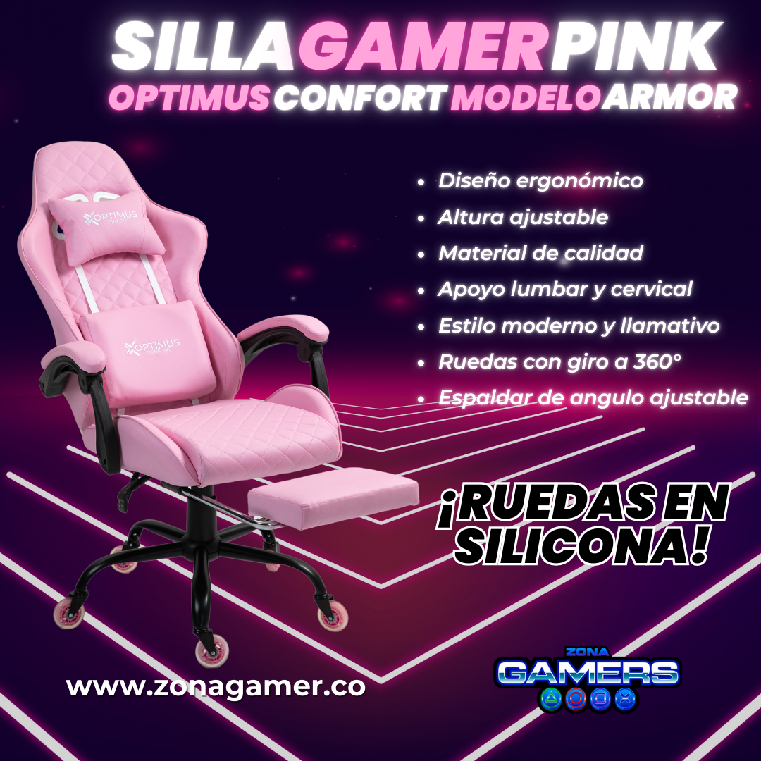 Silla Gamer ARMOR-1127F Pink con reposapiés y ruedas en silicona
