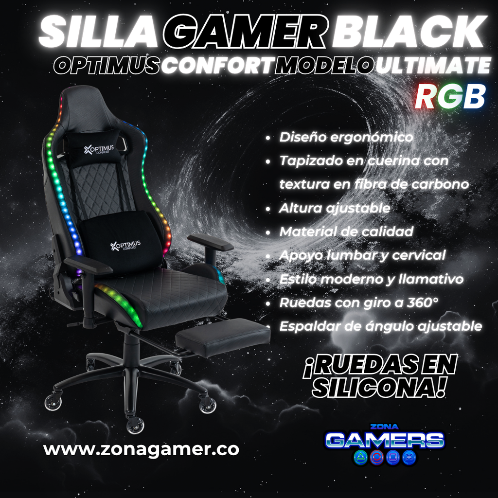 Silla gamer ULTIMATE Black con luces RGB + reposapiés y ruedas en silicona