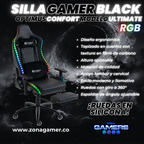 Silla gamer ULTIMATE Black con luces RGB + reposapiés y ruedas en silicona