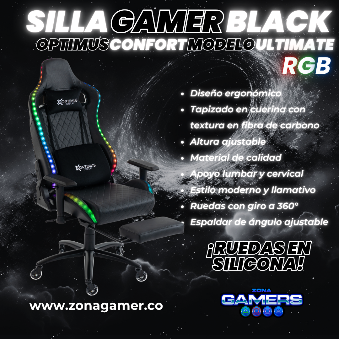 Silla gamer ULTIMATE Black con luces RGB + reposapiés y ruedas en silicona