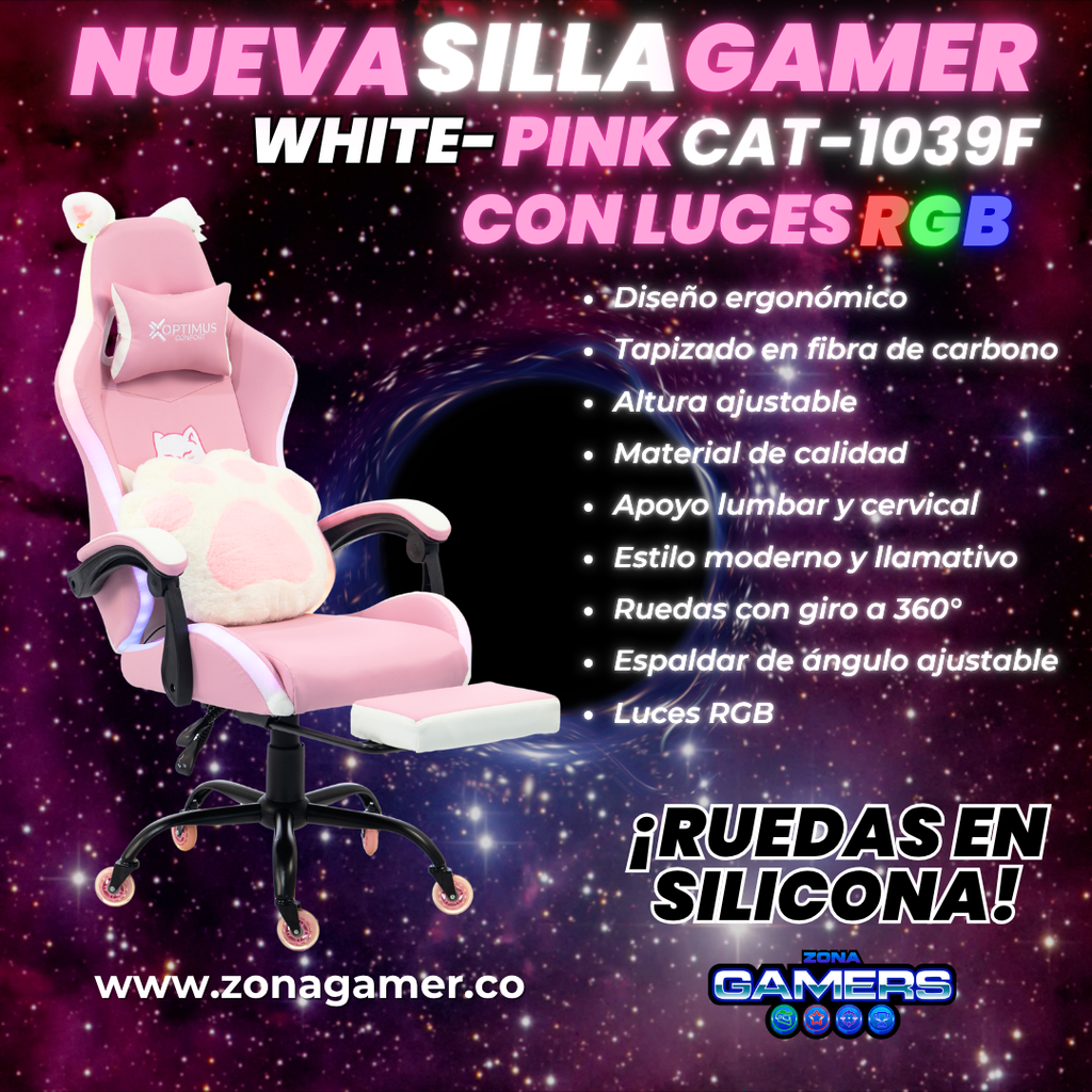 Silla Gamer Cat-1039F + RGB Pink-White con reposapiés y ruedas en silicona.