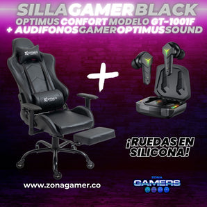 Combo Silla Gamer Black + Audífonos Gamer con reposapiés incluido y ruedas en silicona