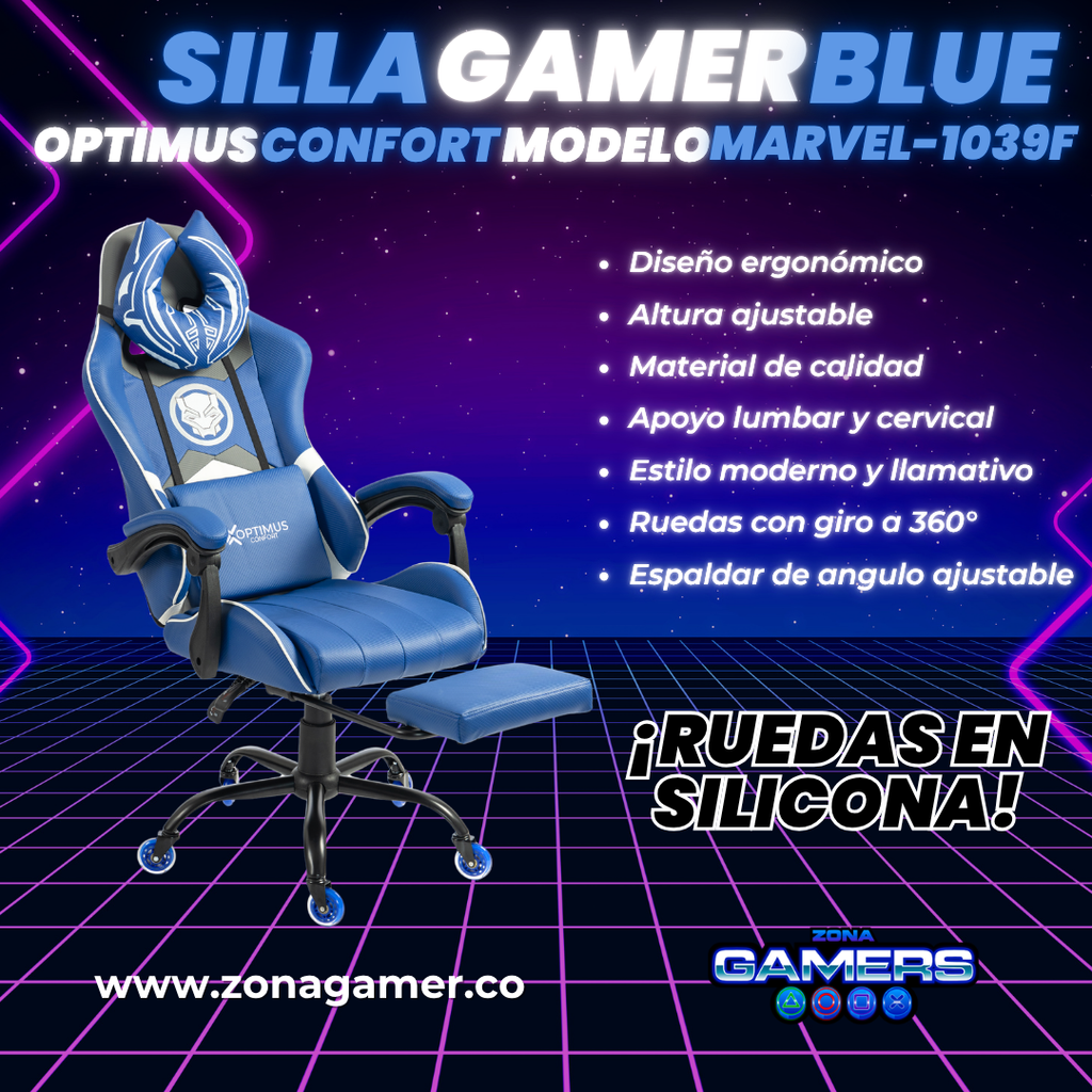 Silla Gamer Marvel-1039F Blue con reposapiés y ruedas en silicona.