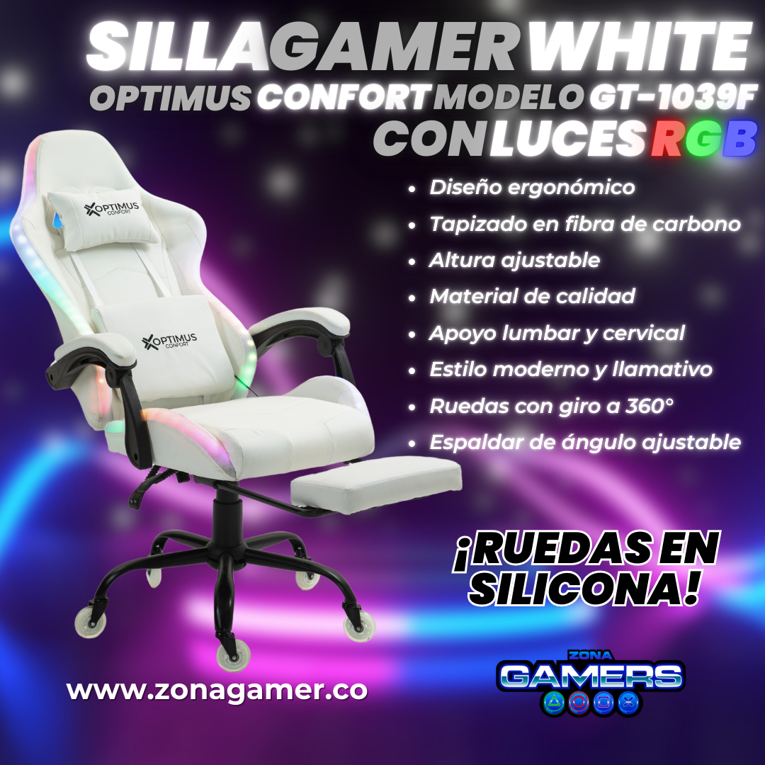 Silla gamer GT-1039F White con luces RGB + reposapiés y ruedas en silicona
