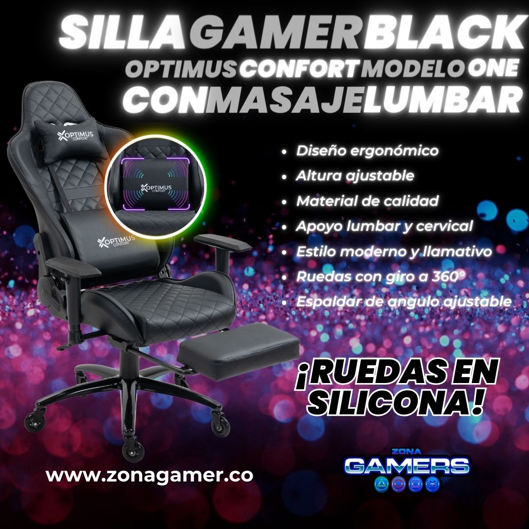Silla Gamer ONE -1127F + masajeador lumbar con reposapiés incluido y ruedas en silicona