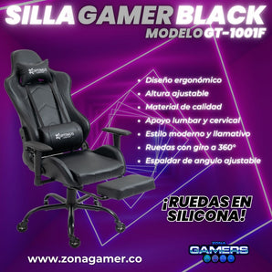 Silla gamer GT-1001F Black + reposapies y ruedas en silicona