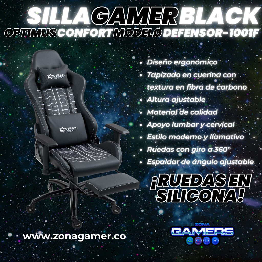 Silla Gamer Defensor-1001F Black con reposapiés y ruedas en silicona